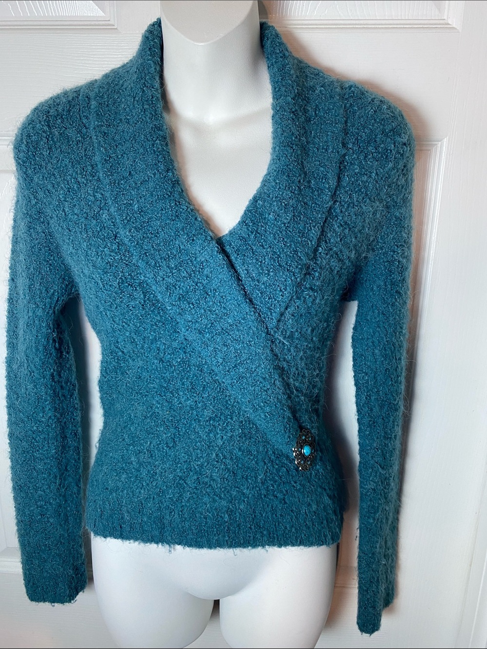 Rachel Zoe Teal Bouclé Alpaca Blend Wrap Cardigan Sweater Size Small